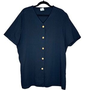 Karibo VTG Black Button Down Top boho Textured Short Sleeve‎ Women's L Blouse